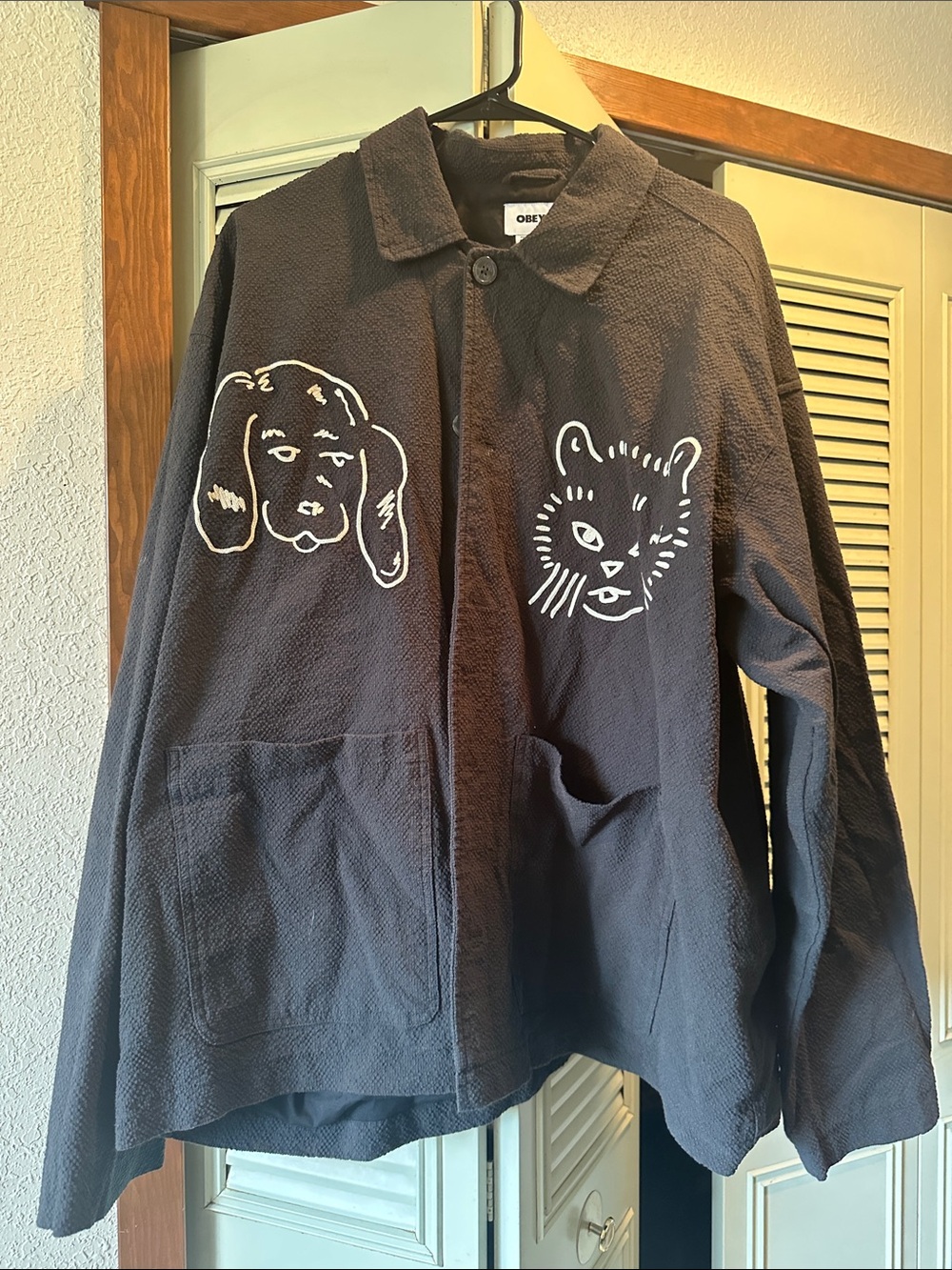 Obey Black Graphic Jacket with dog and cat Prints
